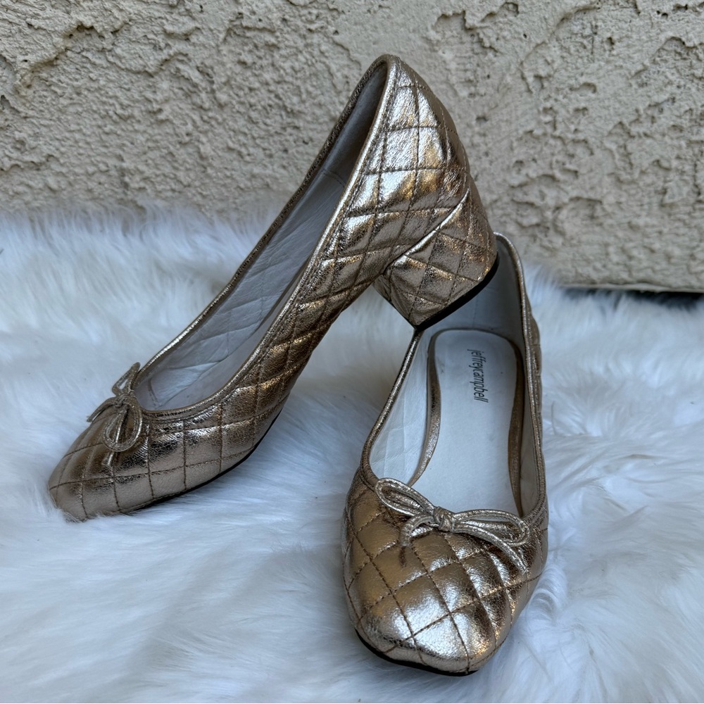 Metallic Quilted Block Heel Ballet Pumps - Gold